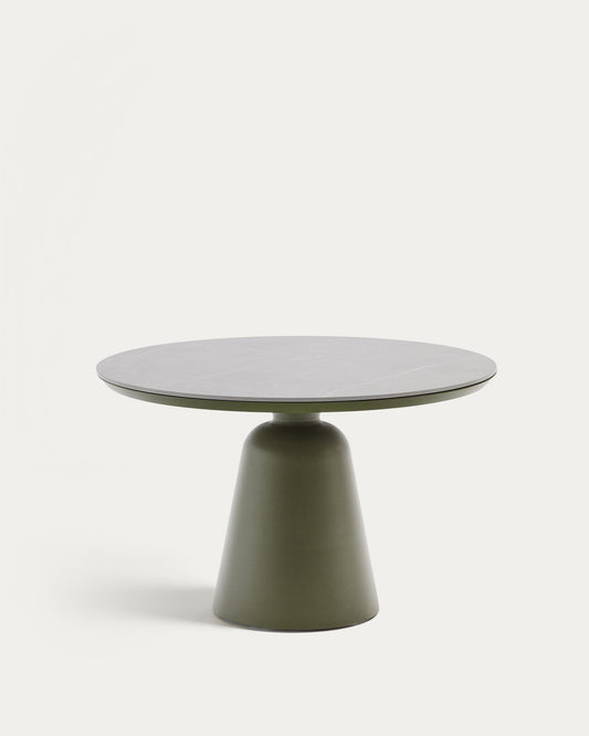 Taula d’exterior Tudons d’alumini i sobre ceràmic verda Ø120 cm