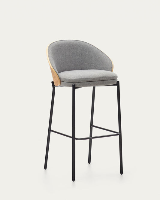 Tamboret Eamy xenilla gris clar xapat en freixe amb acabat natural i metall negre altura 77 cm