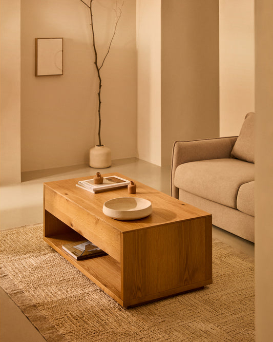 Taula de centre elevable Alguema en xapa de roure amb acabat natural 120 x 60 cm