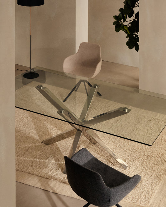 Taula Argo de cristall i potes d'acer inoxidable 160 x 90 cm