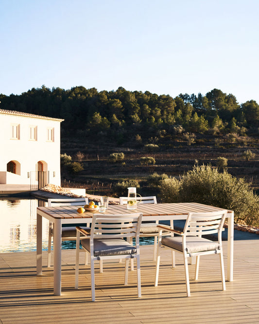 Taula 100% exterior Bona fusta massissa de teca i alumini amb acabat blanc 160 x 90 cm