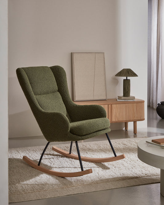 Fauteuil à bascule Maustin bouclette vert foncé et structure en acier noir et bois de hêtre 