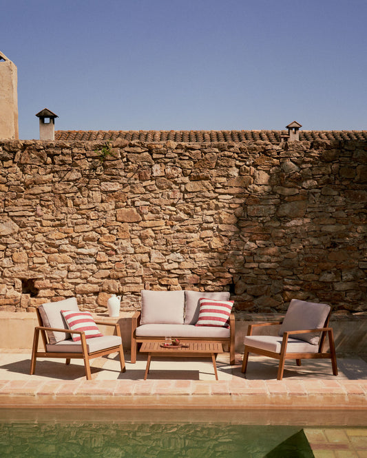 Conjunt Frares de sofà 2 places, 2 butaques i taula de centre de fusta massissa d'acàcia