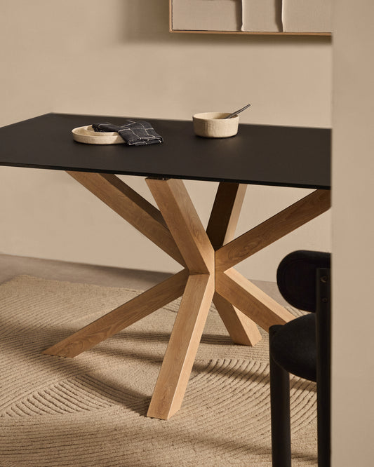 Taula Argo de vidre negre mat i potes d'acer amb efecte fusta 160 x 90 cm