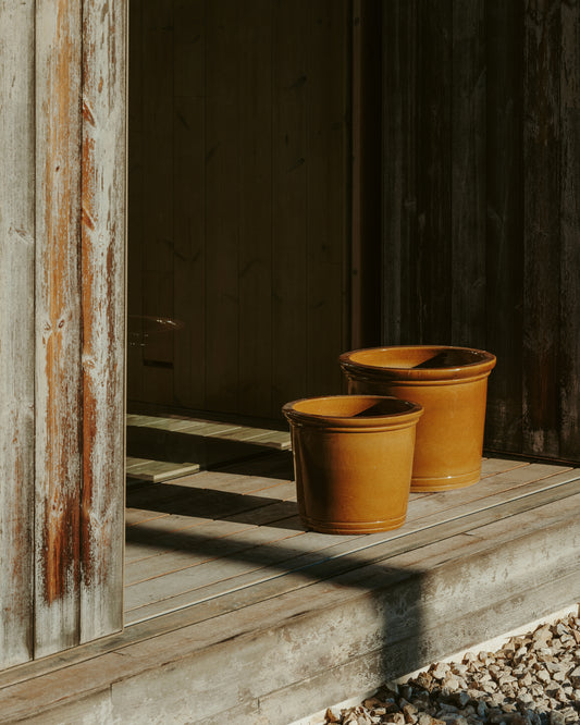 Conjunt Presili de 2 testos de ceràmica amb acabat mostassa glacejat Ø 37 / 47 cm