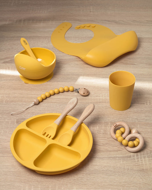 Lot Epiphany d'une attache-tétine et anneau de dentition en silicone moutarde et bois