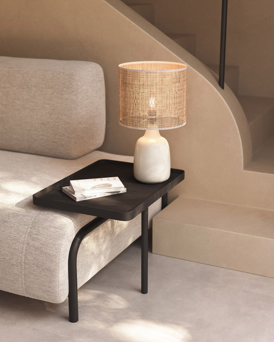 Lámpara de mesa Erna de cerámica blanco y bambú con acabado natural