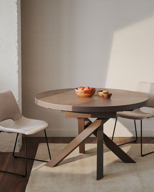 Taula extensible rodona Vashti porcellànic i potes d'acer acabat marró Ø 120 (160) cm