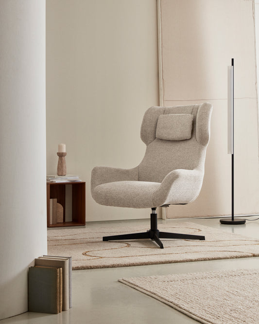 Fauteuil giratoire avec accoudoirs Zalina en chenille beige et acier avec finition noire FSC 100%