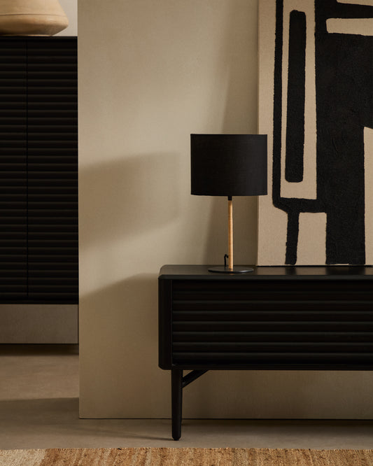 Lámpara de mesa Pina de metal y ratán con pantalla de algodón negro