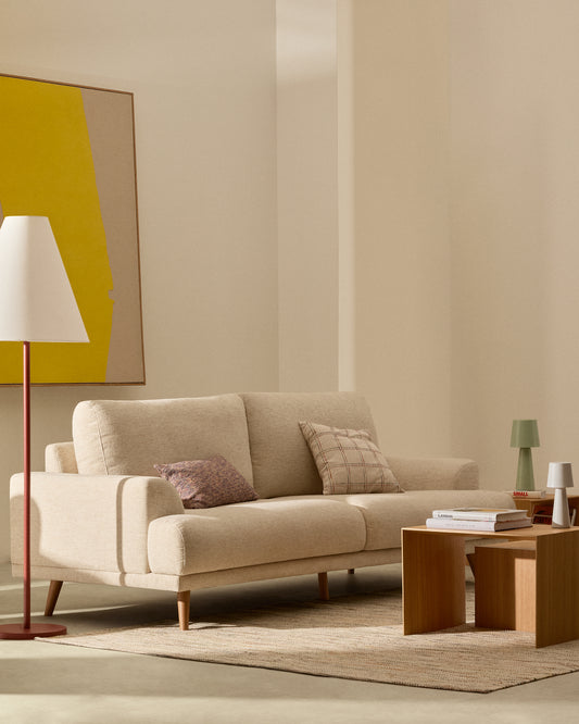 Canapé Karin 2 places en chenille beige et pieds en bois de hêtre avec finition ton naturel 211 cm