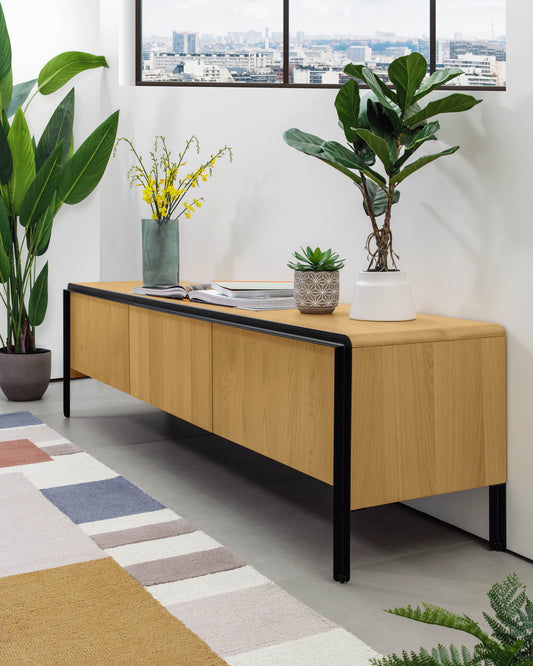 Moble TV Nadyria 3 portes xapa de roure i acer con acabat pintat negre 180 x 50 cm