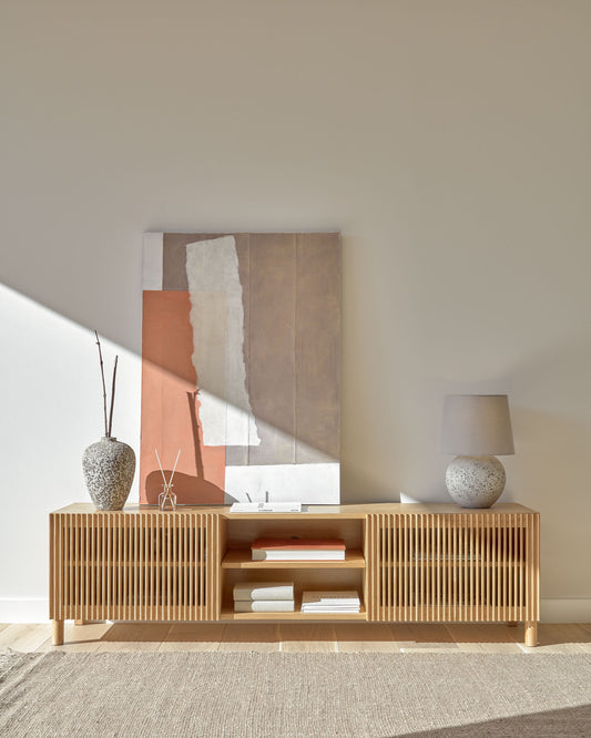 Moble TV Beyla de 2 portes de fusta massissa de freixe i xapa de roure 180 x 49,5 cm FSC 100%