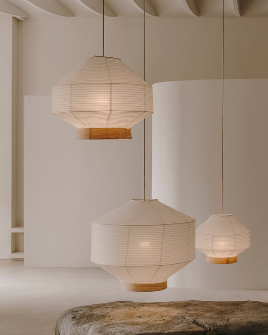 Pantalla per a llum de sostre Hila de paper blanc i xapa de fusta natural Ø 55 cm