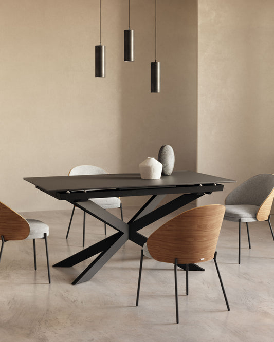 Taula extensible Atminda de cristall i potes d'acer acabat negre 160 (210) x 90 cm
