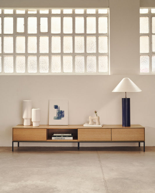 Moble TV Vedrana 3 calaixos de xapa de roure i potes d'acer negre 195 x 35 cm