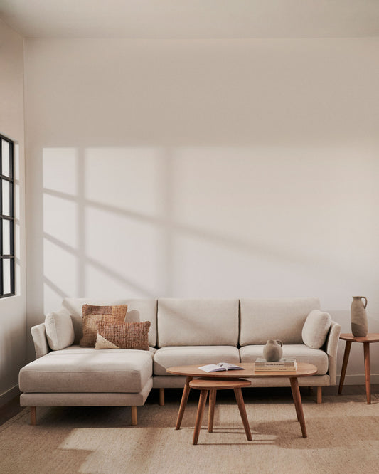 Canapé Gilma 3 places chenille perle pieds finition naturelle et méridienne droite ou gauche 260cm