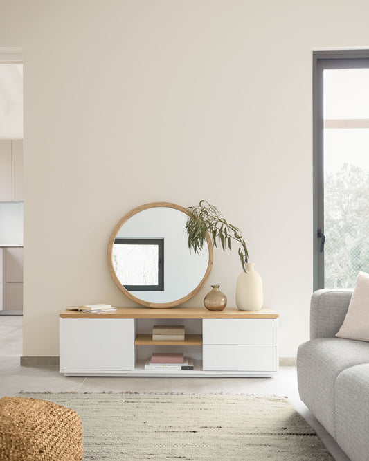 Moble TV Abilen 1 porta i 2 calaixos de xapa roure i lacat blanc 150 x 44 cm FSC 100%