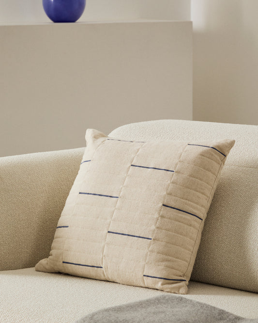 Funda de coixí Blaina de cotó i lli blanc amb detall brodat blau 45 x 45 cm