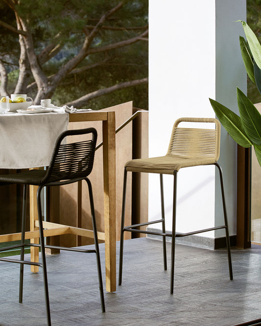 Tamboret Lambton de corda marró i acer amb acabat negre altura 74 cm