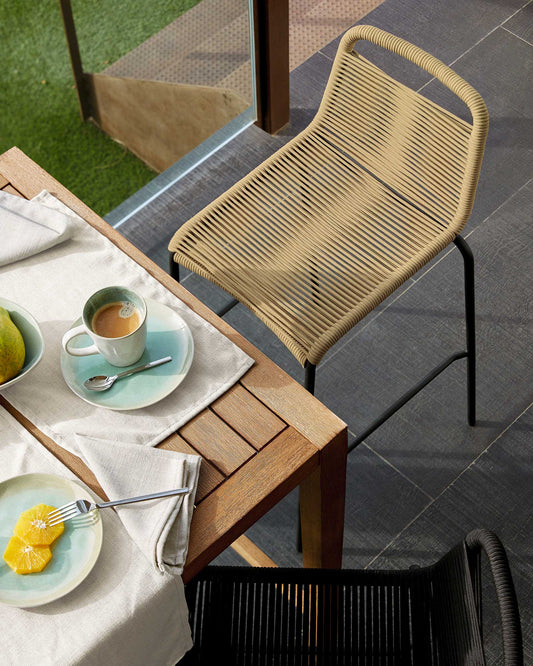 Tamboret Lambton de corda marró i acer amb acabat negre altura 62 cm