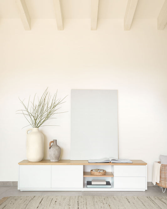 Moble TV Abilen 2 portes i 2 calaixos xapa de roure i lacat blanc 200 x 44 cm FSC 100%