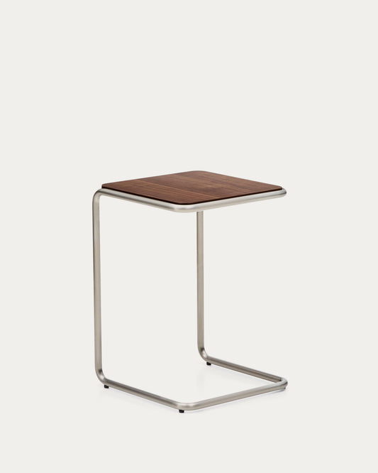Taula auxiliar Tarsel de xapa de noguera amb estructura d'acer inoxidable raspallat 42x60 cm