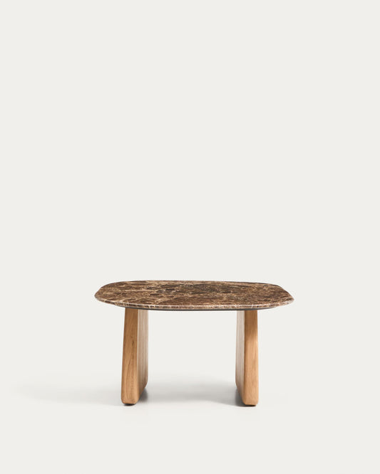 Taula auxiliar Pirita de marbre marró i potes de fusta massissa de roure amb acabat to natural 71 x 70 cm FSC 100%