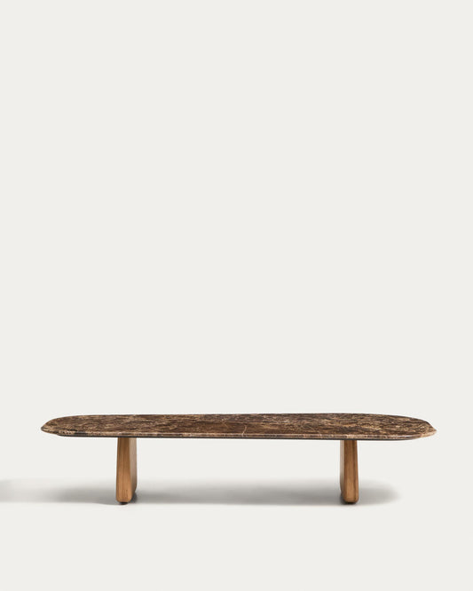 Taula de centre Pirita de marbre marró i potes de fusta massissa de roure amb acabat to natural 147 x 65 cm FSC 100%