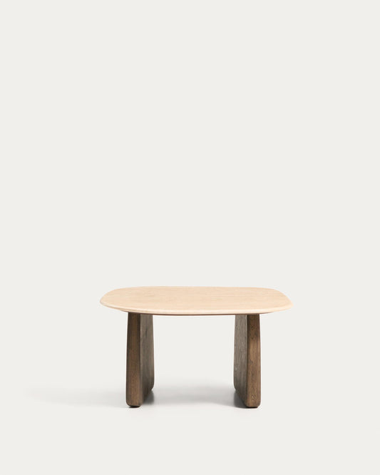 Taula auxiliar Pirita de travertí beix i potes de fusta massissa de roure amb acabat fosc 71 x 70 cm FSC 100%