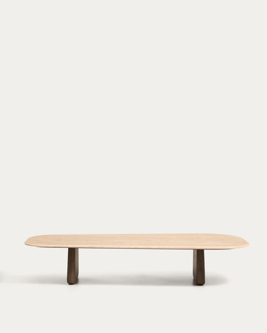 Taula de centre Pirita de travertí beix i potes de fusta massissa de roure amb acabat fosc 147 x 65 cm FSC 100%