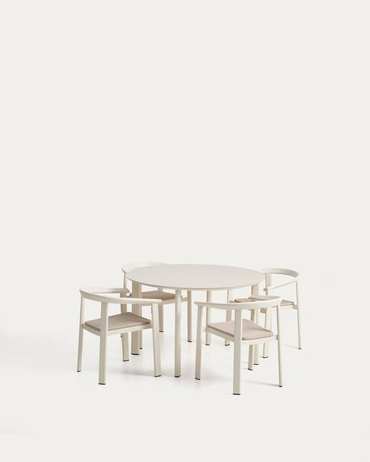 Set Erice de 4 cadires apilables d’alumini i corda i taula d’alumini i vidre temperat cru Ø120 cm
