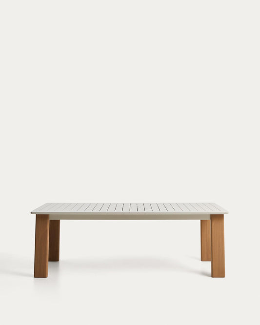 Taula extensible Livorno d’alumini color cru amb potes amb efecte fusta 233 (350) x 100 cm