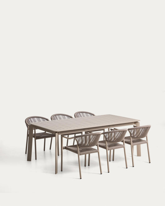 Set de taula extensible Brela d’alumini i 6 cadires apilables Livadia d’alumini i corda sintètica talp 205(287) x 100 cm