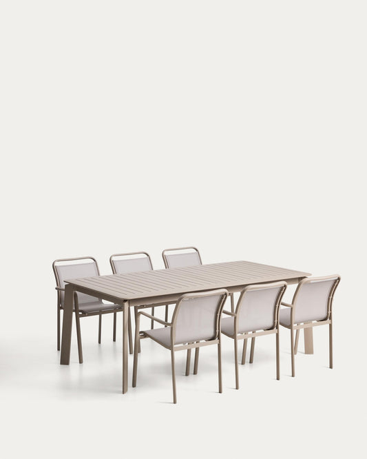 Set de taula extensible Brela d’alumini talp i 6 cadires Luri d’alumini talp i texteline beix 205(287)x100 cm