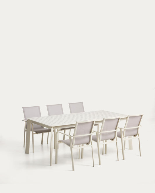 Set de taula extensible Brela d’alumini cru i 6 cadires apilables Canea d’alumini cru i texteline beix 205(287)x100 cm