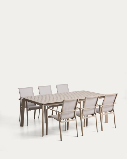 Set de taula extensible Brela d’alumini talp i 6 cadires apilables Canea d’alumini topo i texteline beix 205(287)x100 cm