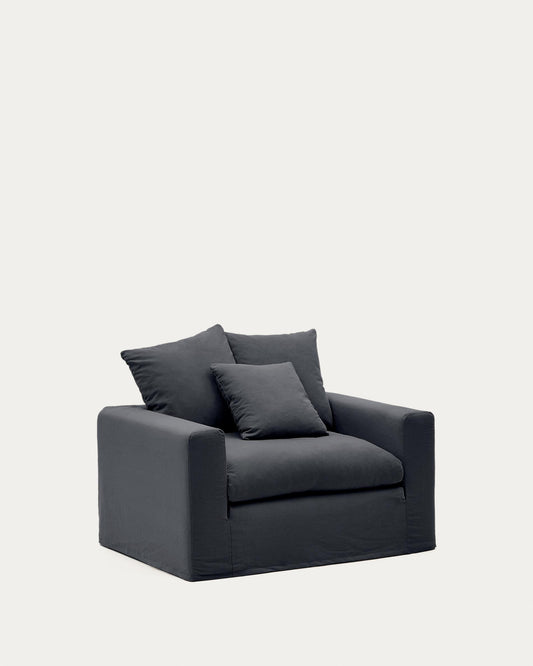 Fauteuil déhoussable Nora avec coussin en lin et coton gris anthracite 140 cm