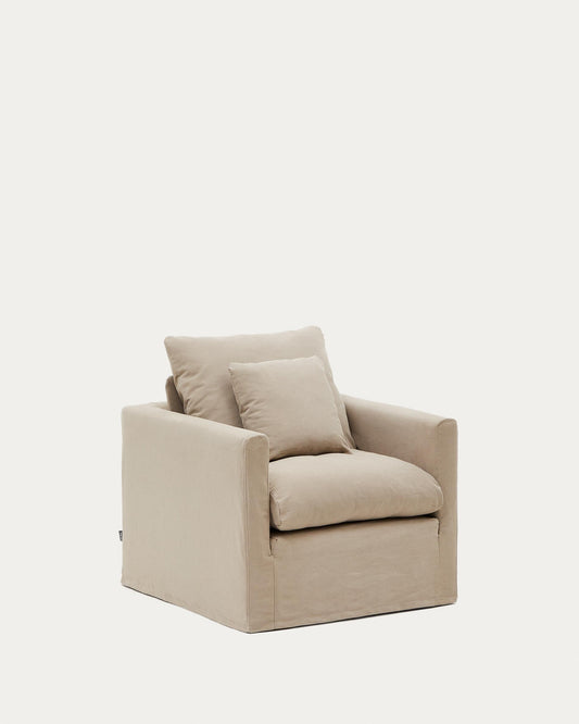 Fauteuil déhoussable Nora avec coussin en lin et coton taupe 92 cm