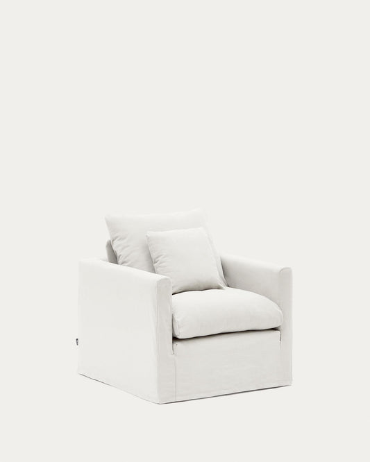 Fauteuil déhoussable Nora avec coussin en lin et coton écru 92 cm