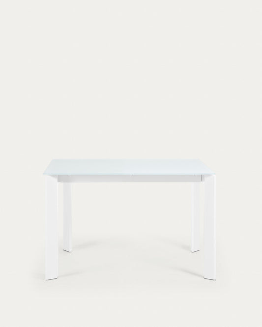 Taula extensible Axis de cristall blanc i potes d'acer acabat blanc 120 (180) cm