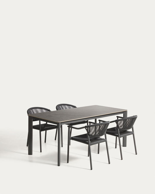 Ensemble table Anafi en pierre frittée et aluminium graphite 180 x 90 cm et 4 chaises Livadia en aluminium graphite