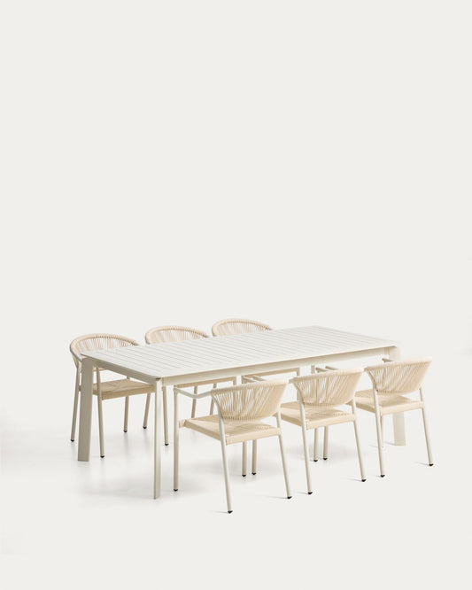 Set de taula extensible Brela d’alumini i 6 cadires apilables Livadia d’alumini i corda sintètica cru 205(287) x 100 cm