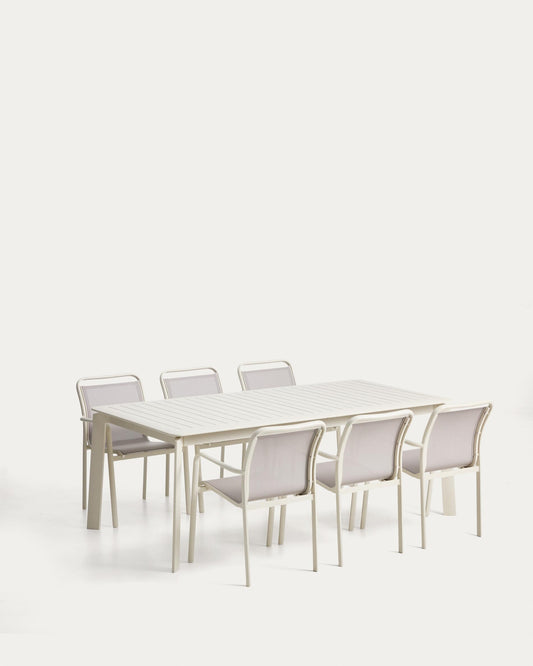 Set de taula extensible Brela d’alumini cru i 6 cadires Luri d’alumini cru i texteline beix 205(287)x100 cm