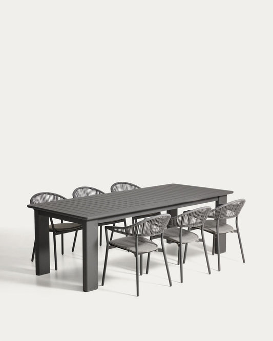Set de taula extensible Livorno d’alumini grafit i 6 cadires Alimia d’alumini grafit i corda sintètica grisa 233 (350) x 100 cm