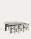 Set de taula extensible Brela d’alumini verd i 6 cadires apilables Luri d’alumini verd i texteline beix 205(287)x100 cm