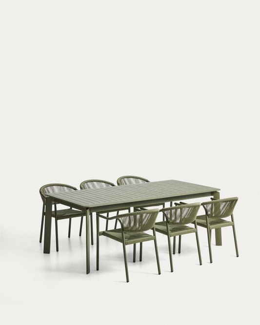 Set de taula extensible Brela d’alumini i 6 cadires apilables Livadia d’alumini i corda sintètica verd 205(287) x 100 cm