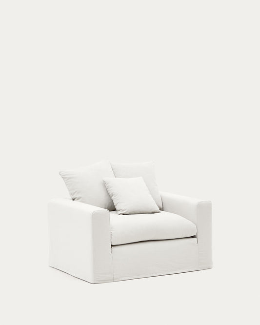 Fauteuil déhoussable Nora avec coussin en lin et coton écru 140 cm