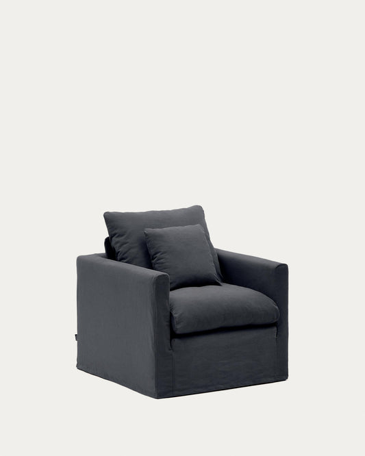 Fauteuil déhoussable Nora avec coussin en lin et coton gris anthracite 92 cm