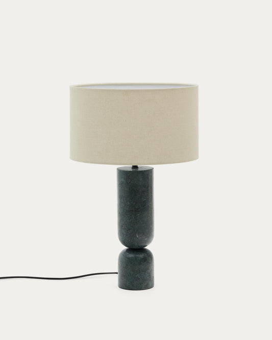 Lámpara de mesa Vex de mármol verde y pantalla de lino gris